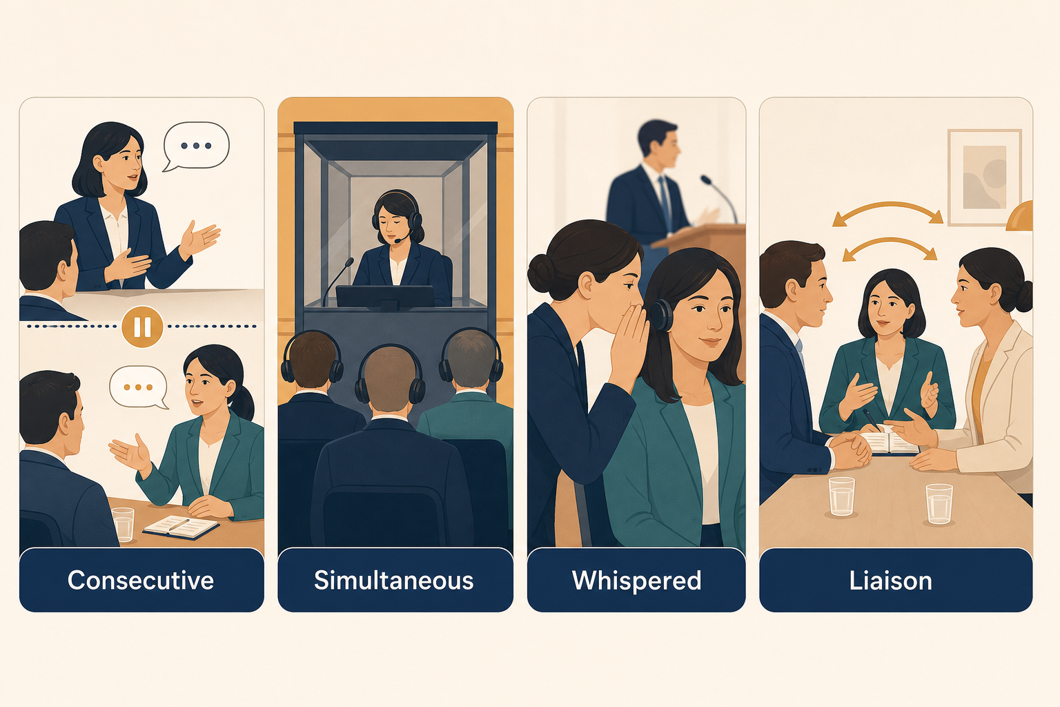 Ilustrasi empat mode interpreting: consecutive, simultaneous, whispered, dan liaison